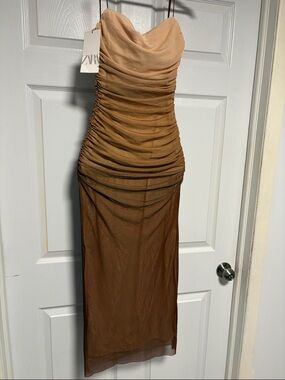 ZARA Ombre Strapless Ruched Maxi Dress in Tan and Brown